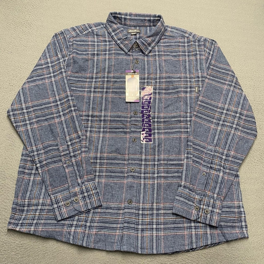 Eddie Bauer Shirt Mens 2XL Blue Plaid Bristol Flannel Long Sleeve Button Up